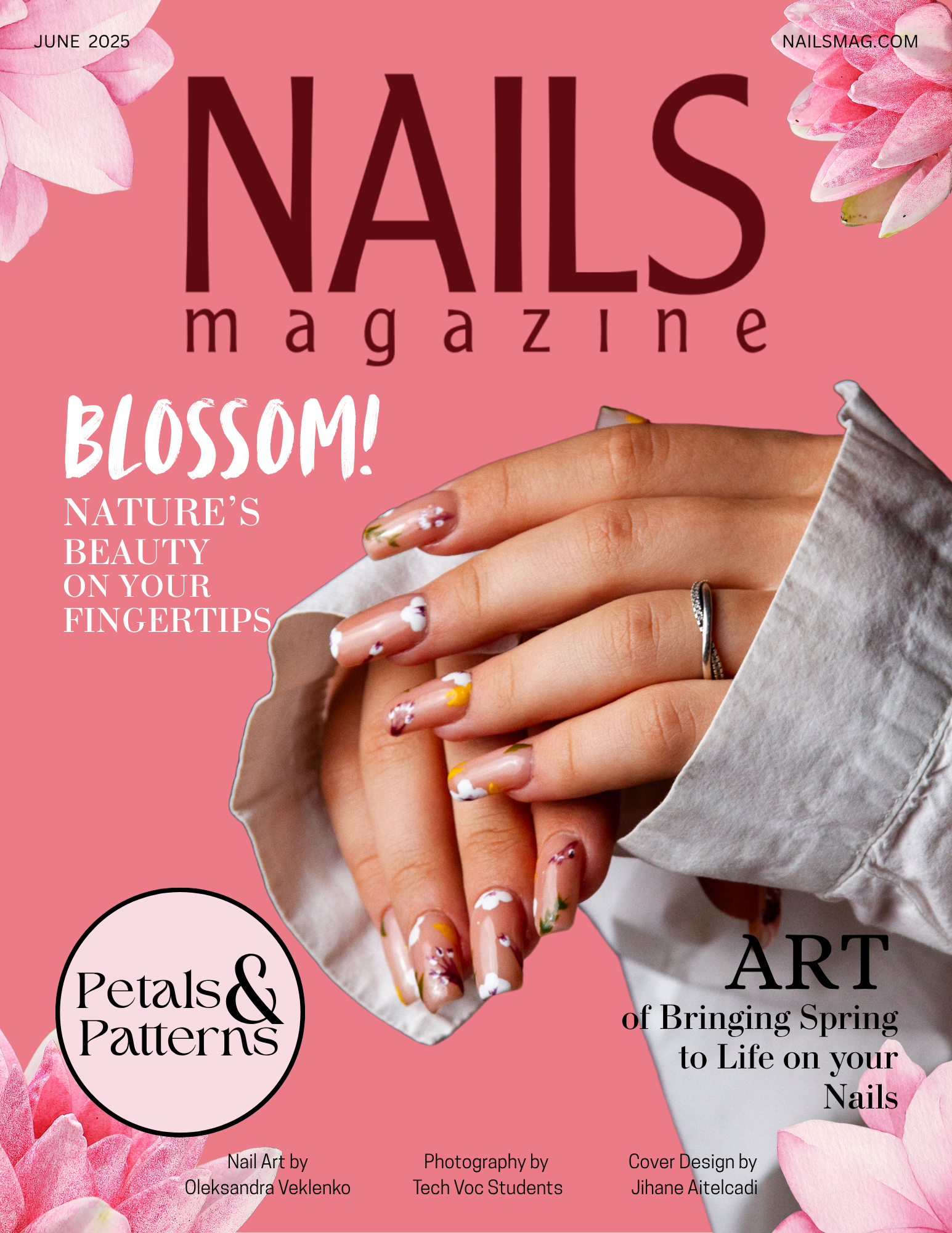Nails in a pink background surrounded by pink flowers