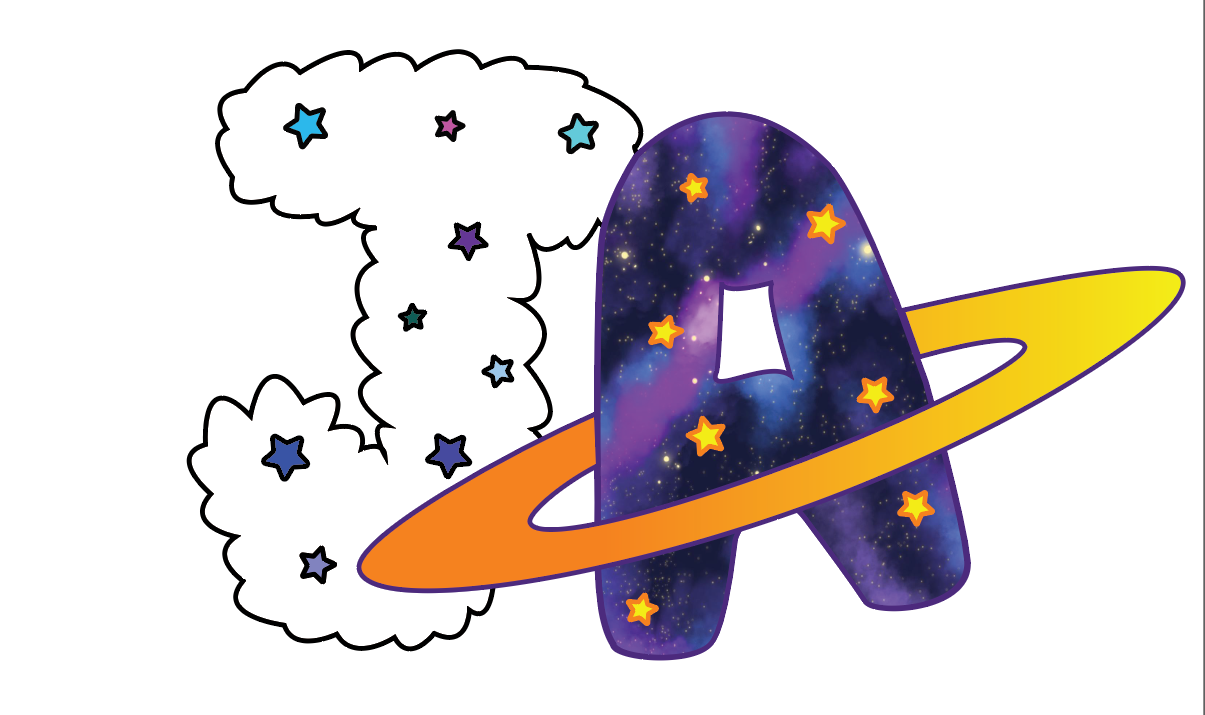 J with colored stars and A with a galaxy pattern