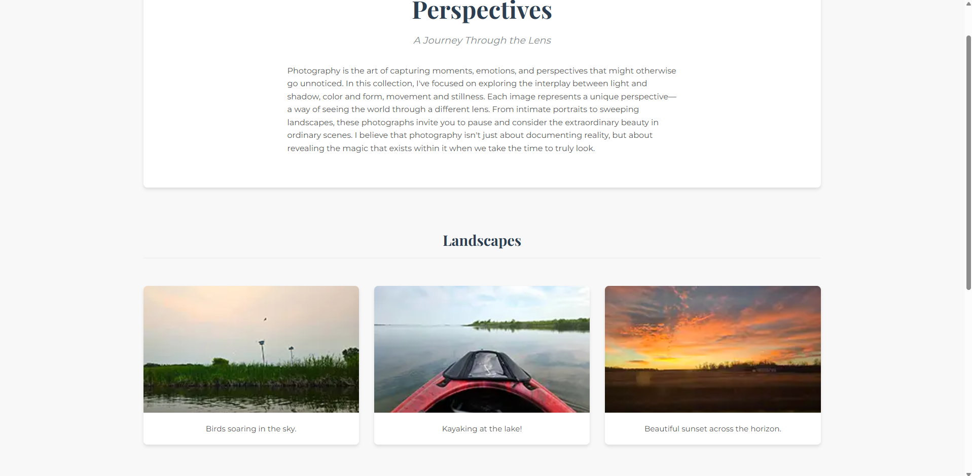 white background. a lighter white box has text and underneath three images, photo of outside with the caption "Birds soaring in the sky", a kayak on a lake captioned "Kayaking at the lake!" and a sunset captioned "Beautiful sunset across the horizon"